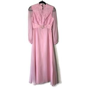 Vintage 70s Pink Lace & Chiffon Mock Neck Bishop Sleeves Maxi Dress Size Small